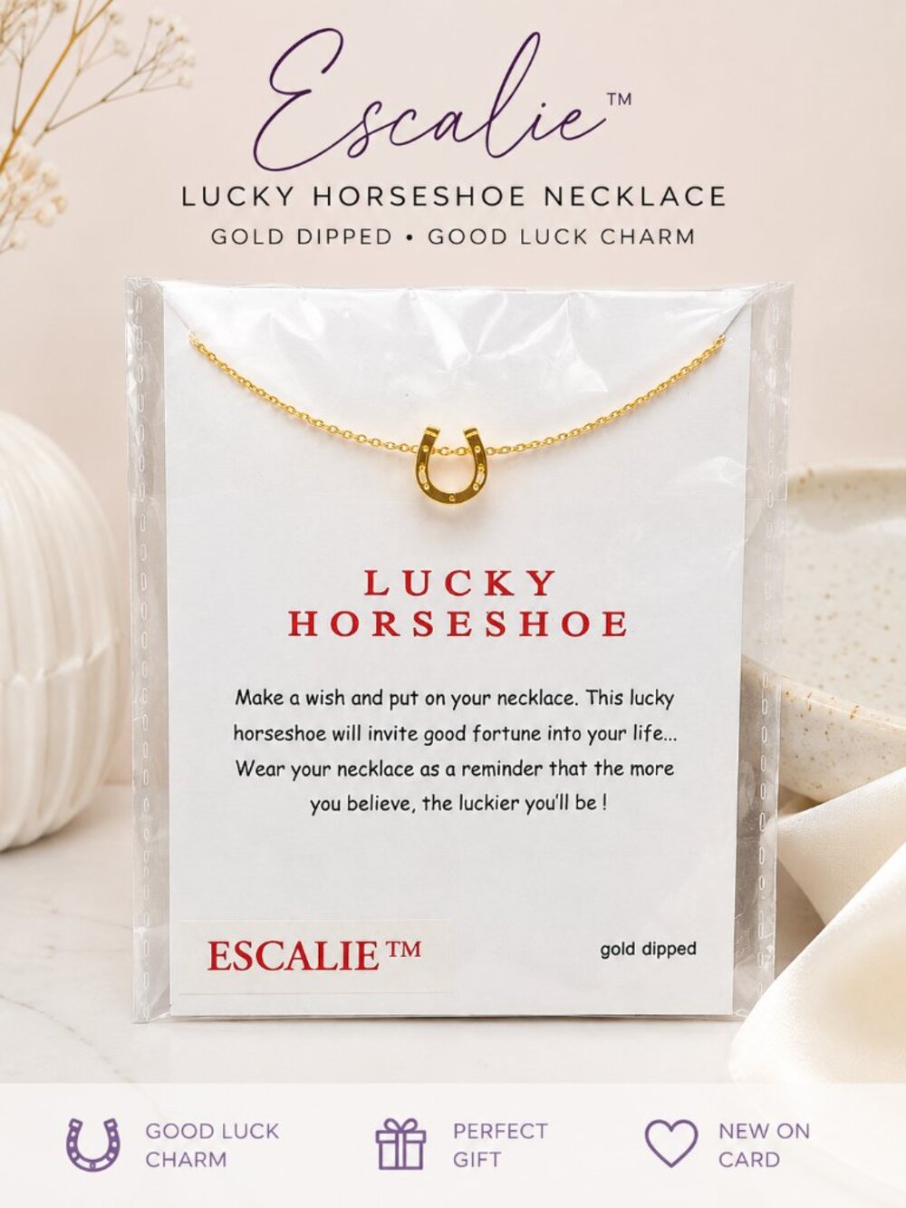 Escalie Gold Dipped Lucky Horseshoe Necklace New on Card